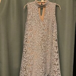 Wide weave lace and tan layered A-line midi dress
